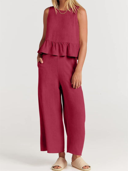 Full Size Round Neck Top and Wide Leg Pants Set