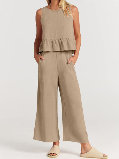 Full Size Round Neck Top and Wide Leg Pants Set