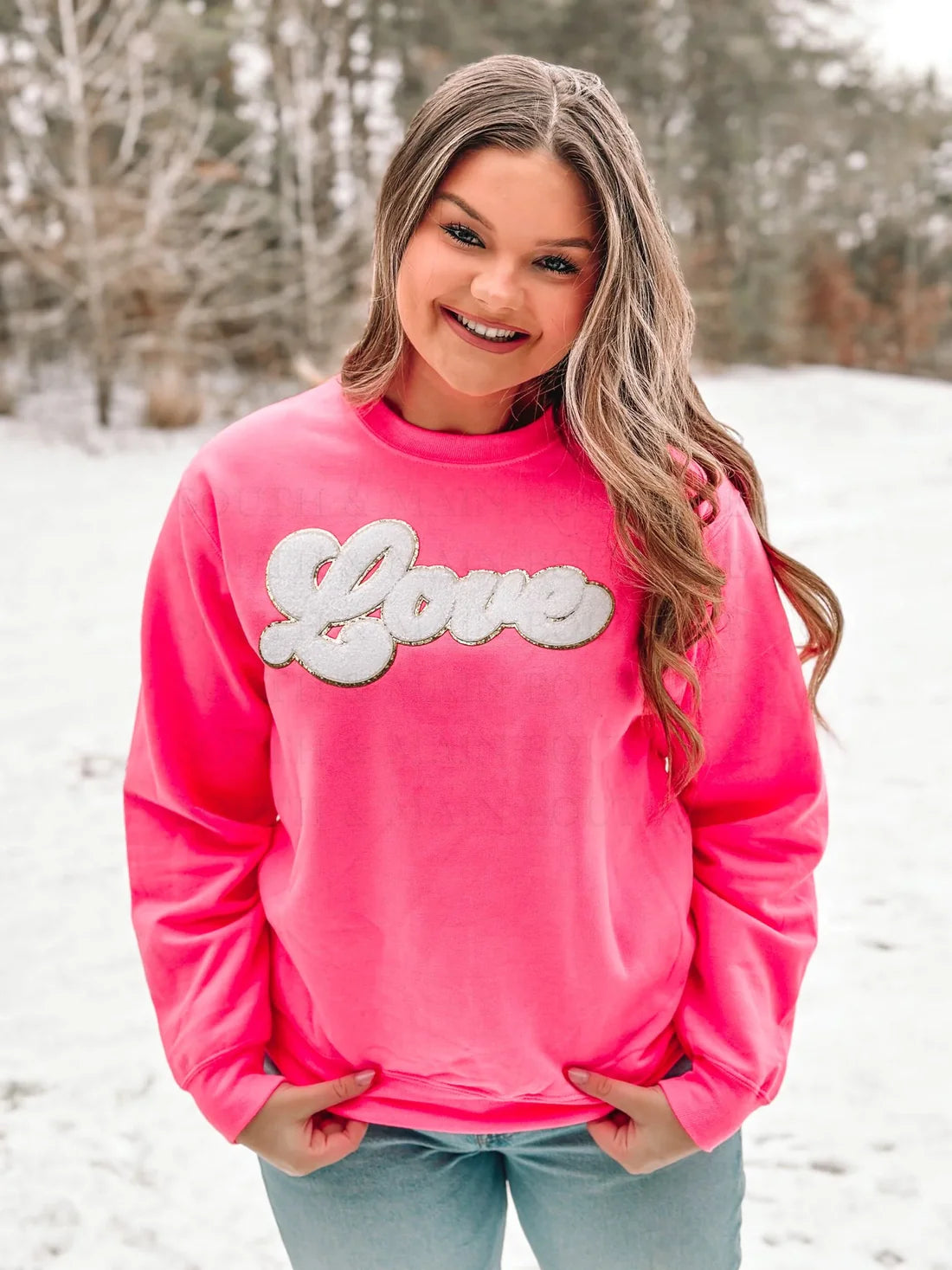 White Love Chenille Sweatshirt - Bright Pink