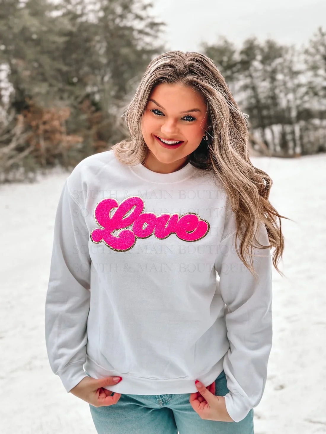 Hot Pink Love Chenille Sweatshirt - White