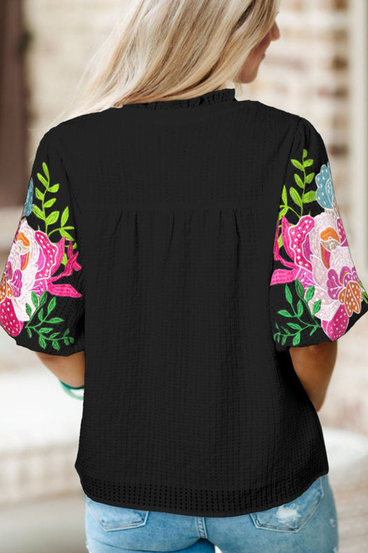 Embroidered Notched Puff Sleeve Blouse
