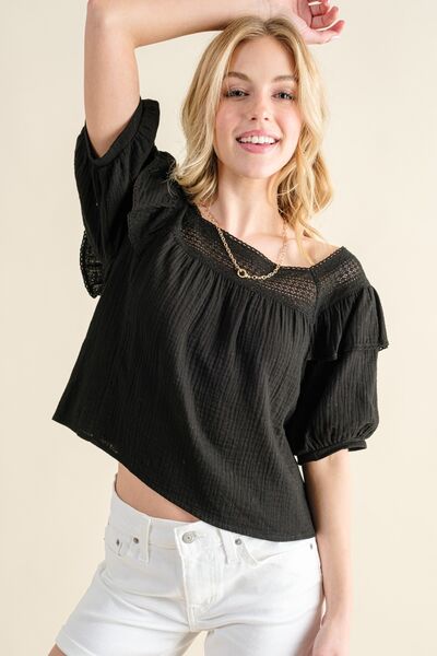 And The Why Square Neck Cotton Gauze Ruffled Blouse