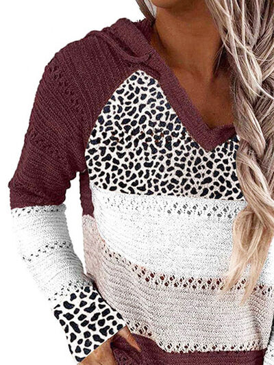 Full Size Openwork Leopard Drawstring Hooded Sweater