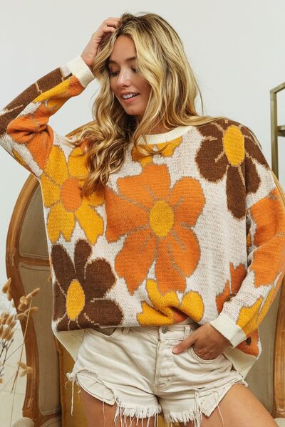 BiBi Round Neck Flower Pattern Sweater